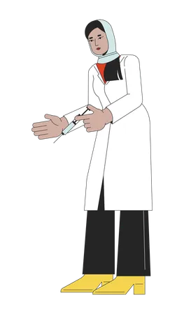 Muslim Lab Coat Physician Holding Syringe 2 D Linear Cartoon Character Arab Hijab Doctor Labcoat Isolated Line Vector Person White Background Healthcare Worker Female Color Flat Spot Illustration Illustration