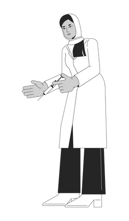 Muslim Lab Coat Physician Holding Syringe Black And White 2 D Line Cartoon Character Arab Hijab Doctor Isolated Vector Outline Person Healthcare Worker Female Monochromatic Flat Spot Illustration Illustration