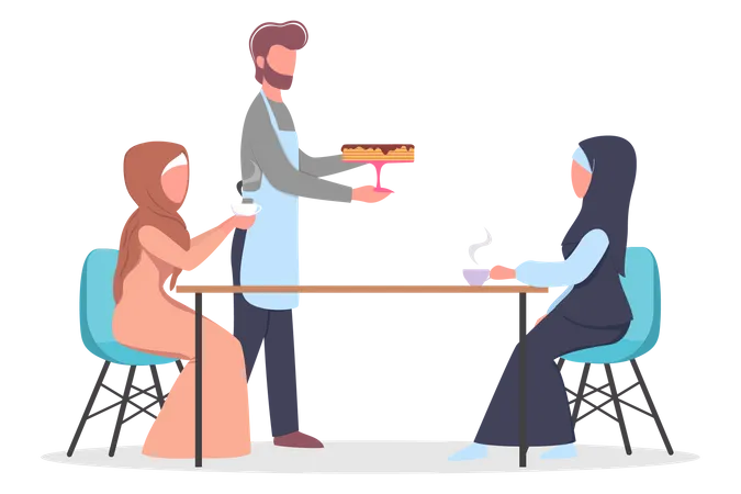 Female Muslim Characters In Traditional Clothes Eating In Cafe Two Woman Having A Coffee With Desert In Bakery Vector Illustration Illustration