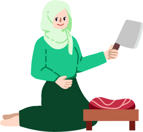 Muslim lady cutting meat  Illustration
