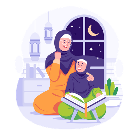 Muslim lady reading Quran with girl  Illustration