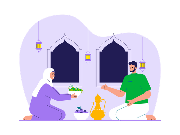 Muslim lady sharing dinner with his husband  Illustration