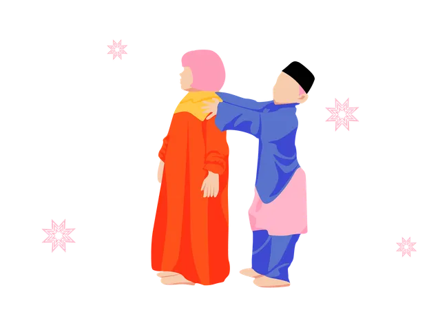 Muslim Little Brother and Sister playing together  Illustration