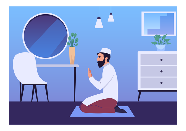 Muslim male character perform Islamic pray at home  Illustration