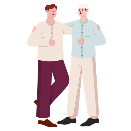 Muslim Male  hugging to each other while giving eid mubarak greeting  Illustration