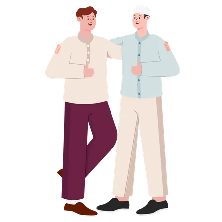Muslim Male  hugging to each other while giving eid mubarak greeting  Illustration