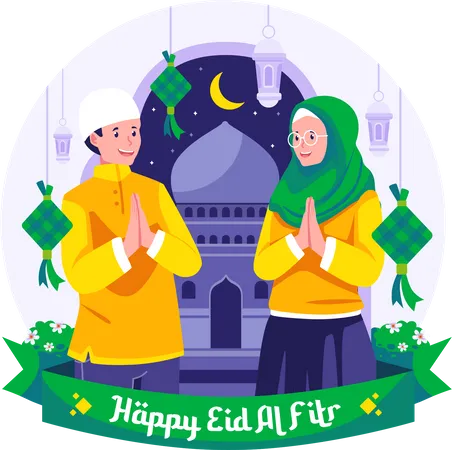 Muslim man and a woman greeting each other and apologizing on Eid al -Fitr  Illustration