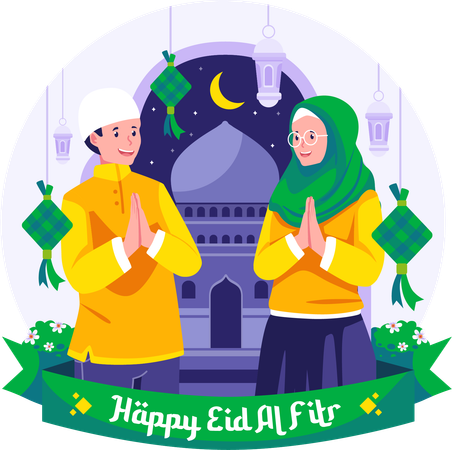 Muslim man and a woman greeting each other and apologizing on Eid al -Fitr  Illustration