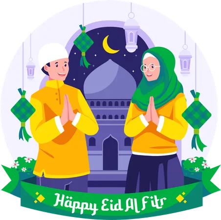 Muslim man and a woman greeting each other and apologizing on Eid al -Fitr  Illustration