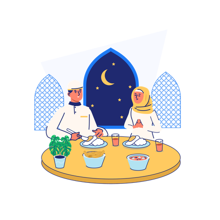 Muslim Man And Woman Doing Iftar  일러스트레이션