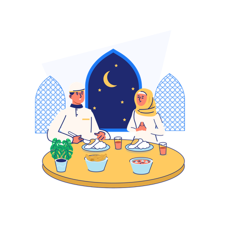 Muslim Man And Woman Doing Iftar  Illustration