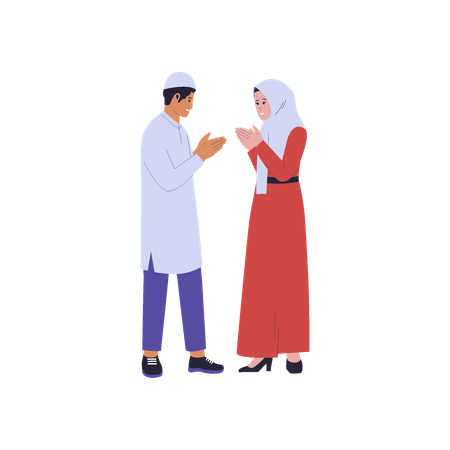 Muslim man and woman wishing eidmubarak  Illustration