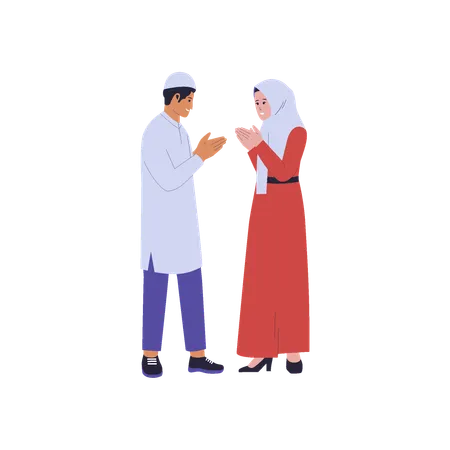 Muslim man and woman wishing eidmubarak  일러스트레이션