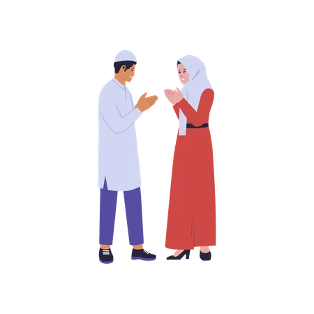 Muslim man and woman wishing eidmubarak  Illustration