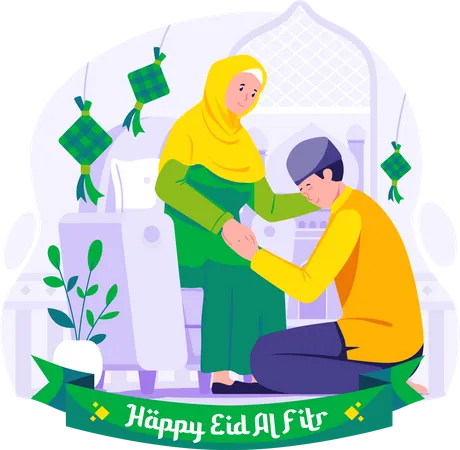 Happy Ramadhan And Eid Mubarak Muslim Man Apologizing To His Mother A Tradition Of Eid Al Fitr Vector Illustration In Flat Style Illustration