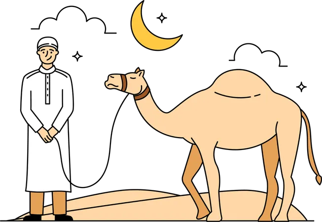 Muslim man carrying camel  Illustration