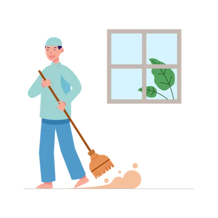 Muslim man clearing home  Illustration