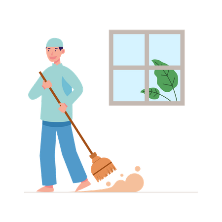 Muslim man clearing home  Illustration