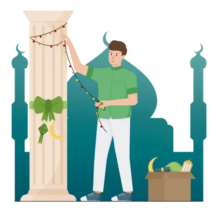 Muslim man decorating before Ramadan festival  Illustration