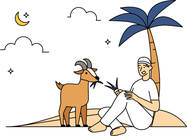 Muslim man deeding goat  일러스트레이션