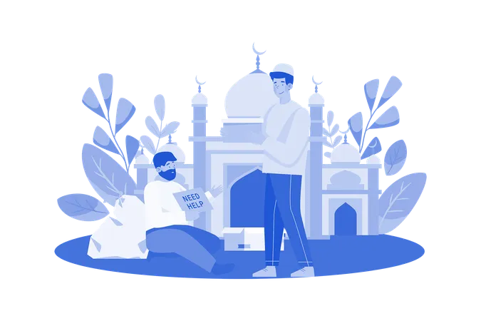 Muslim Man Distributing Zakat In Mosque  Illustration
