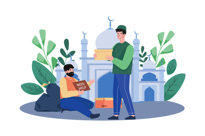 Muslim Man Distributing Zakat In Mosque Illustration