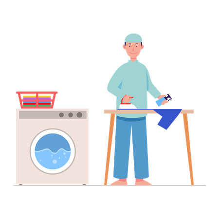 Muslim man doing clothes ironing  Illustration