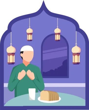 Muslim man doing prayer before eating food  Illustration