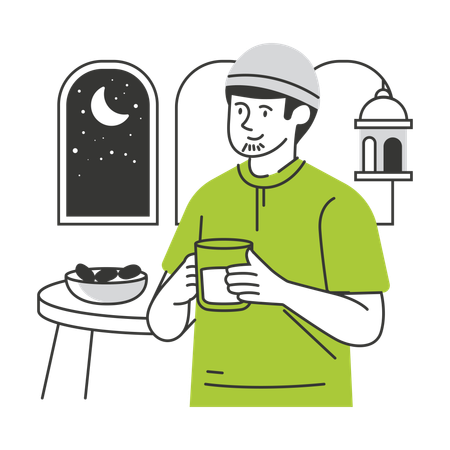 Muslim man eating dates and drinking water for meal  Illustration