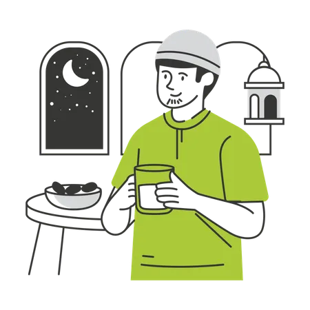 Muslim man eating dates and drinking water for pre-dawn meal  Illustration