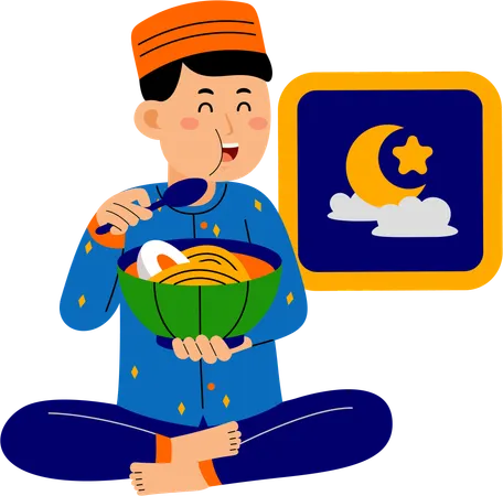 Muslim man eating food after iftar  Illustration