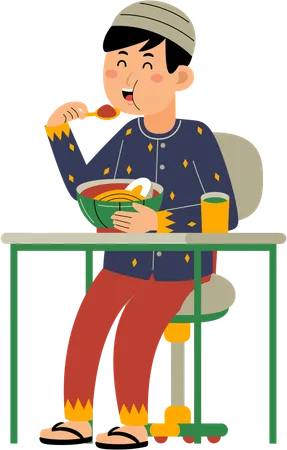 Muslim Man Eating Noodle Illustration