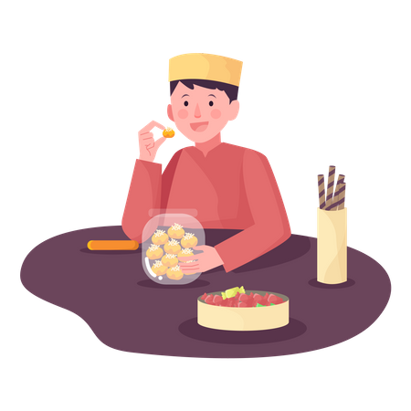 Muslim man Eating Snack Illustration