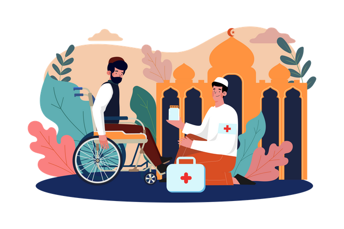 Muslim man giving Distribute Eid Food  イラスト