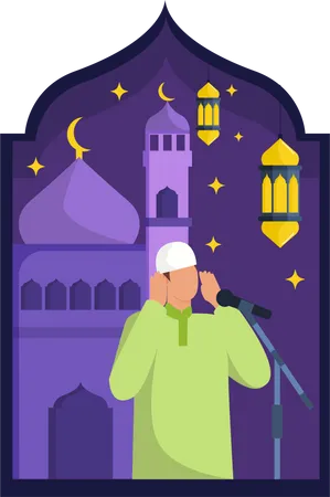 Muslim man giving the call to prayer on mic Illustration