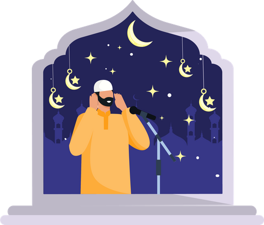 Muslim man giving the call to prayer on mic  Illustration
