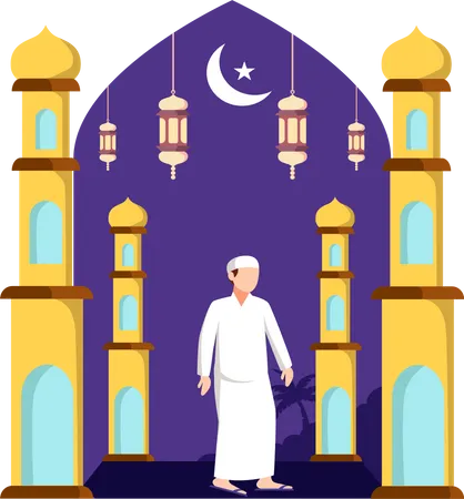 Muslim man going mosque for praying Illustration