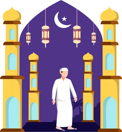 Muslim man going mosque for praying  Illustration