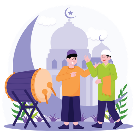 Muslim Man Greet Each Other On Eid Al Adha Day  Illustration
