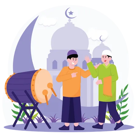 Muslim Man Greet Each Other On Eid Al Adha Day  Illustration