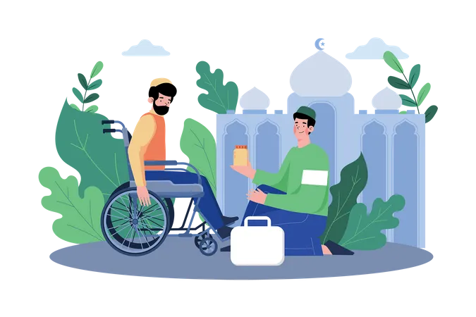 Muslim Man Helping Disabled People On Ramadan Day  Illustration