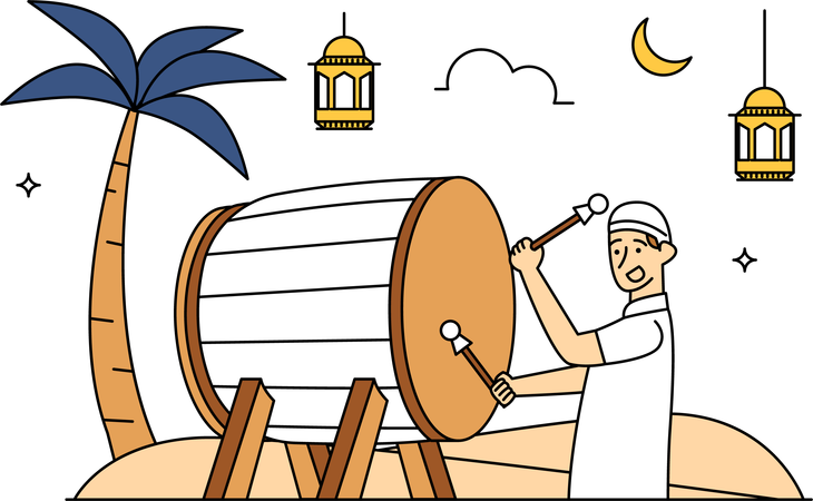 Muslim man hitting bedug drum  Illustration