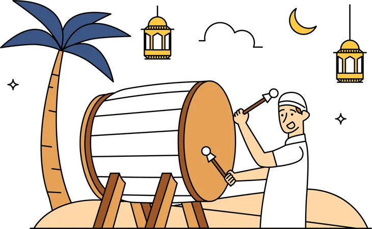 Muslim man hitting bedug drum  Illustration