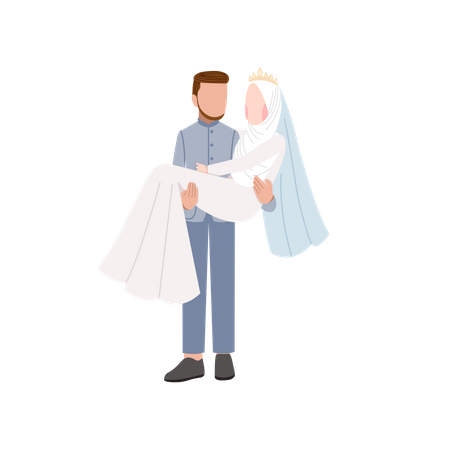 Muslim man hold wife in hands for photoshoot  Illustration