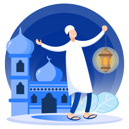 Muslim Man Holding Arabic Lantern  Illustration