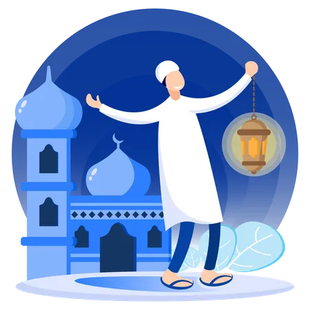 Muslim Man Holding Arabic Lantern  Illustration