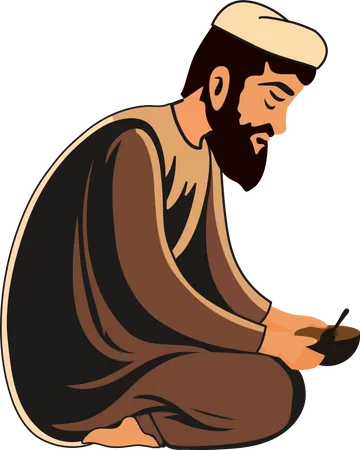 Muslim Man Holding Bowl With Spoon Icon In Sitting Pose Illustration