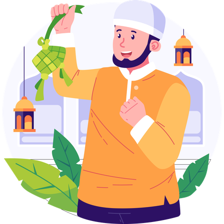 Muslim Man Holding Ketupat  Illustration