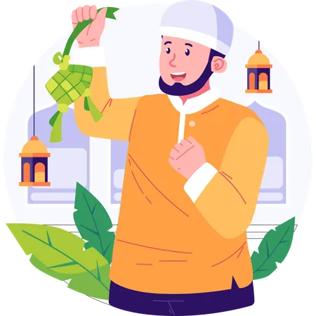 Muslim Man Holding Ketupat  Illustration