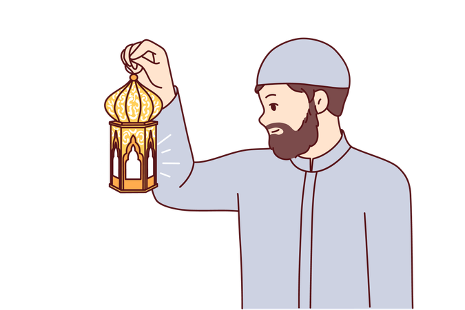 Muslim man holds arabic lantern illuminating way at night to perform iftar and observe fast  イラスト